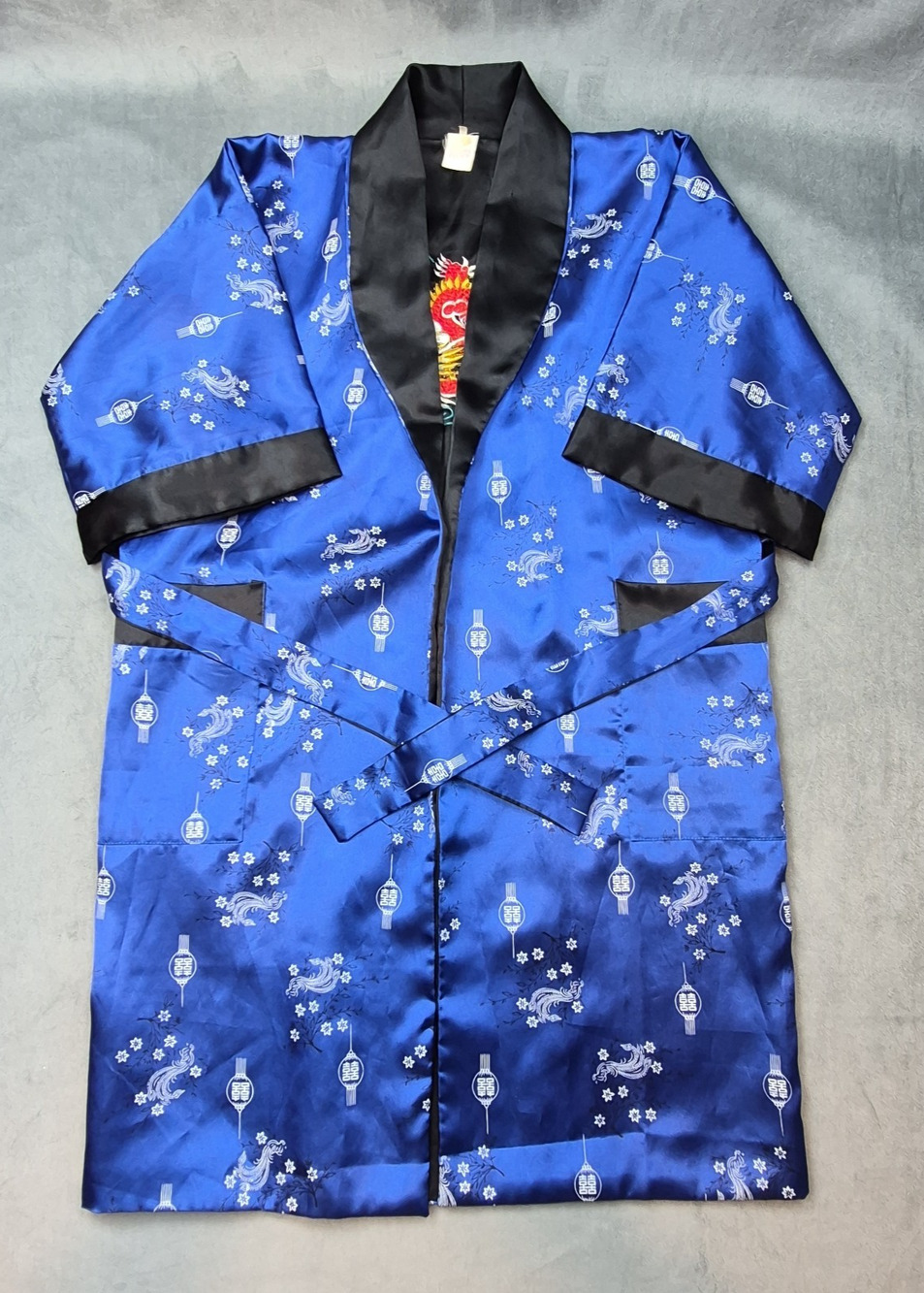 Vintage Asian Silk Reversible Kimono Robe Embroidered Dragon Black Blue L